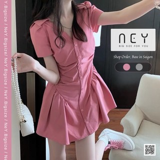Đầm xòe ngắn Bigsize cổ sơmi chữ V xám hồng
