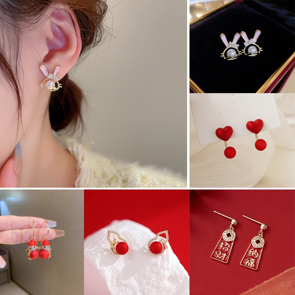 1 Đôi Bông Tai Hình Thỏ Đỏ Phong Cách Trung Hoa Mới