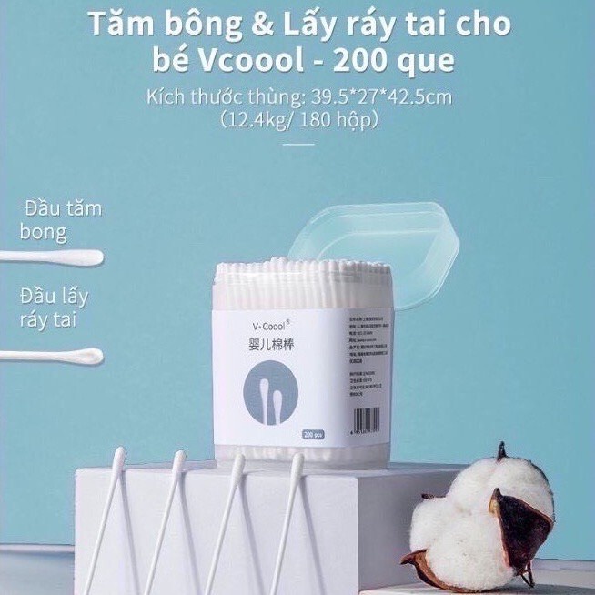 Tăm Bông Cho Bé Sơ Sinh V-Coool Hộp 200 Chiếc