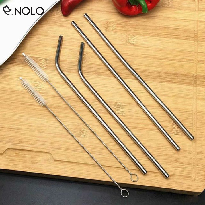 Combo Ống Hút Inox 304 Chống Hoen Gỉ Bao Gồm 2 Ống Hút Thẳng 2 Ống Hút Cong 2 Cây Cọ Rửa