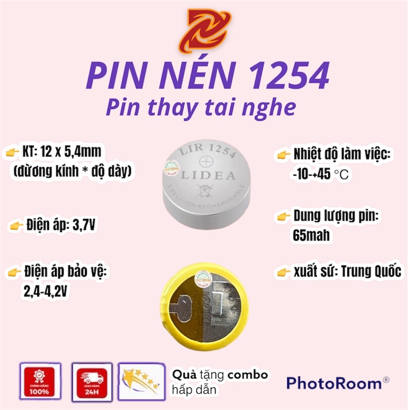 Pin nút Li-ion 3.6V LIR1254 65mAh (Lithium ion) cho tai nghe Bluetooth Pro real, samsung