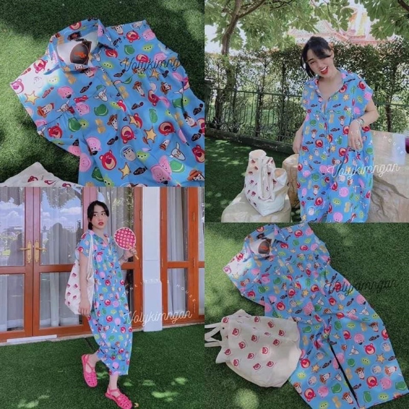 Jum hoạ tiết hoạt hình đi chơi , du lịch  Jum ngố sát nách gấu thái lan Đồ Bay Jumpsuit Không Tay Dáng Rộng