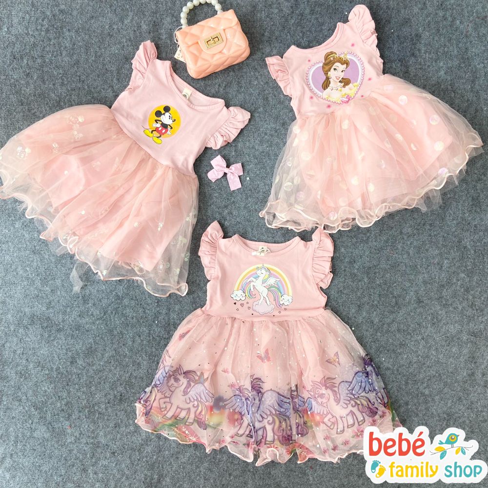 Váy công chúa bé gái màu hồng in hình kỳ lân elsa dễ thương đầm bé gái cánh tiên - VAB