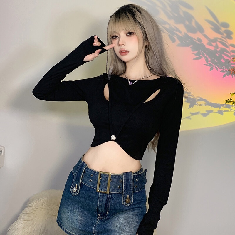 Weird Puss Áo Thun Crop Top Tay Dài Màu Trơn Dáng Ôm Đính Nút Trang Trí Lỗ Hở Thời Trang Mùa Thu Mới Cho Nữ