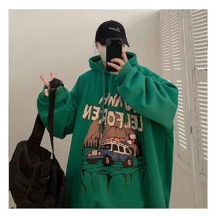 Áo Hoodie Dáng Rộng In Họa Tiết Hoạt Hình Giáng Sinh Màu Xanh Lá Thời Trang Thu Đông Cho Nam Và Nữ Size M-5XL