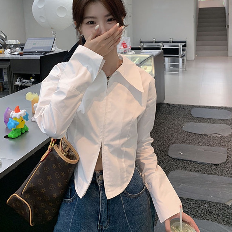 Áo sơ mi RENJIANVSHENG tay dài màu trơn phong cách thời trang Hàn Quốc