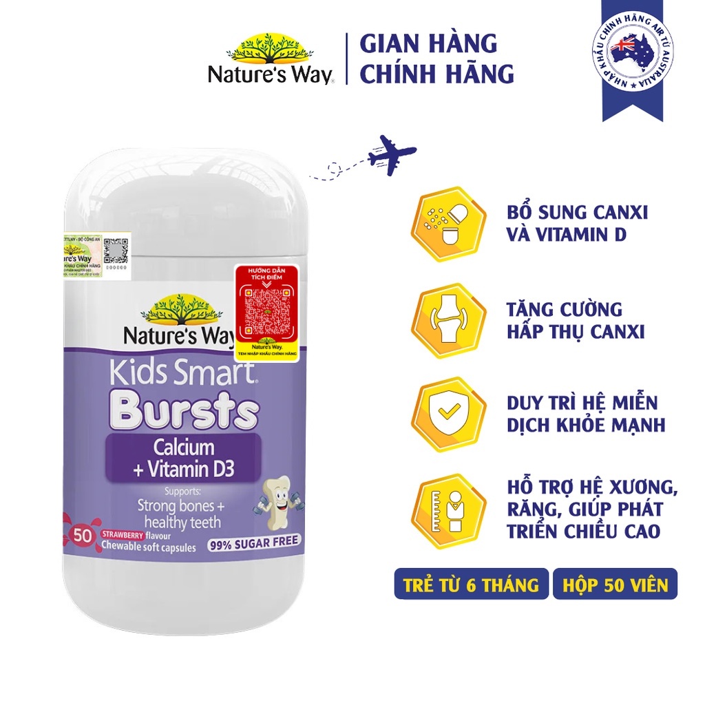 Viên Nhai Cho Bé Nature’s Way Kids Smart Calcium + Vitamin D3 Burstlets Bổ Sung Canxi, Tăng Chiều Cao Cho Bé Hộp 50 Viên