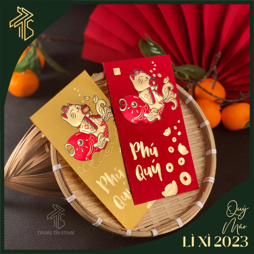 Bao lì xì Tết 2023, li xi tet mẫu Mèo Phú Quý, hoạ tiết ép kim, dập nổi đẹp sang trọng trên nền giấy mỹ thuật cao cấp