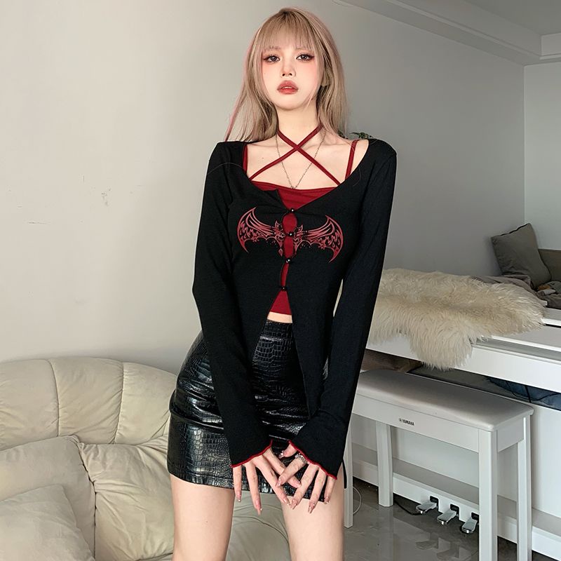 Bộ Áo Cardigan Tay Dài In Hình Dơi + Áo Hai Dây Thời Trang Quyến Rũ Cho Nữ