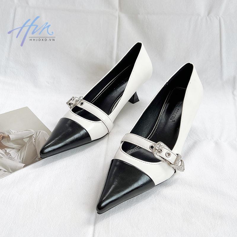 Giày Cao Gót Mary Jane Mũi Nhọn Phối Khóa Cài Màu Sắc Retro Thời Trang Mùa Thu 2022 Dành Cho Nữ