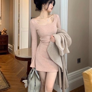 Đầm tay loe cổ u màu pastel vải thun gân sọc siêu dày dặn