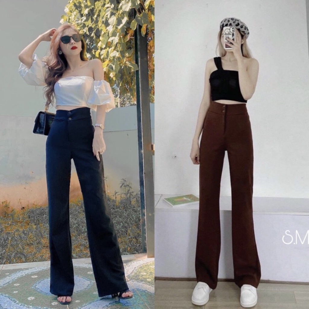 Quần tây ống loe cạp to 2 khuy dáng dài - Quần tây công sở dày dặn phối áo mặc đi học đi làm