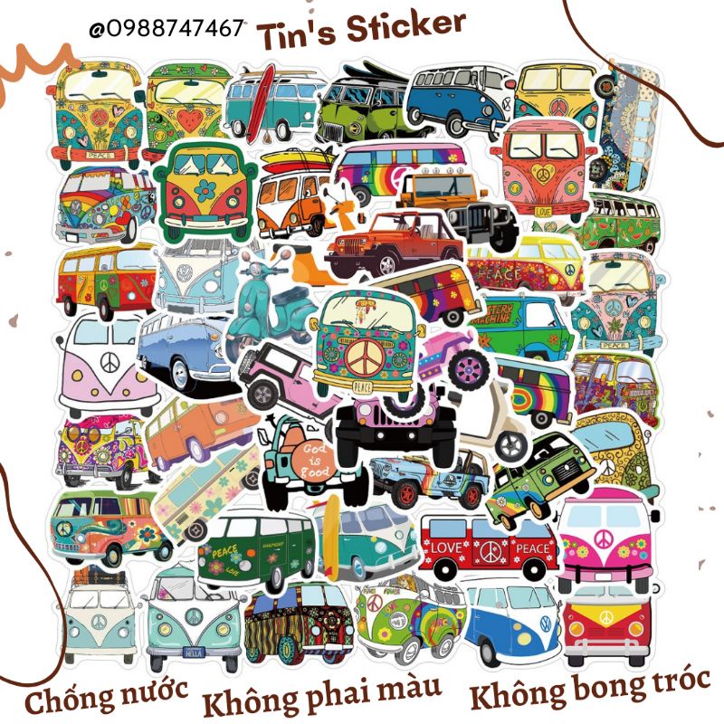 Set combo 50 miếng dán sticker Phương tiện Giao thông 1 dán nón mũ bảo hiểm laptop vali sổ sách đàn guitar tủ lạnh xe