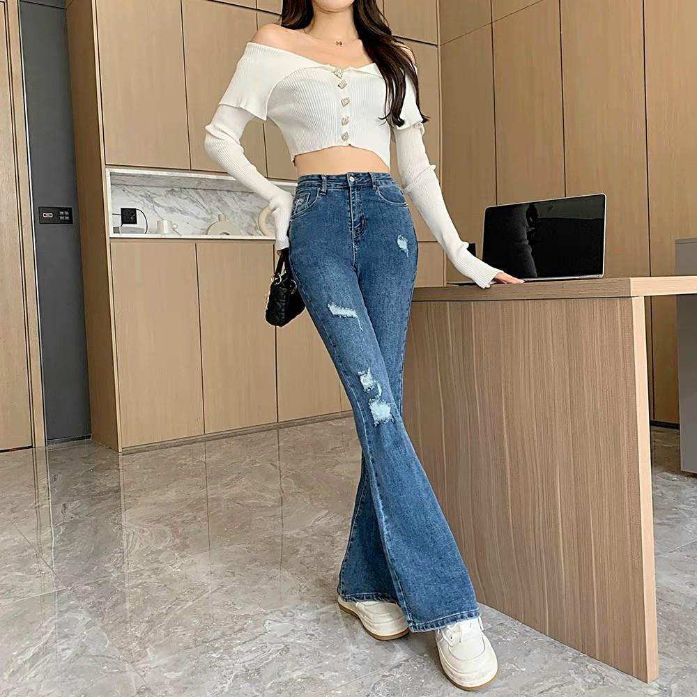 [Bigsize] Quần jean dài nữ màu xanh ống bass mẫu rách hàng co giãn mạnh từ 60-85kg