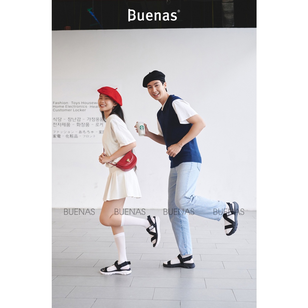 Sandal nam nữ Buenas 2828 màu đen quai dù nhanh khô - dép quai hậu học sinh đế cao 3cm, nhẹ êm