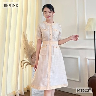 Đầm cổ tròn đính nút túi hộp BEMINE MT6231