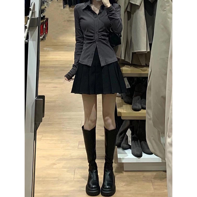 Bộ Áo Sơ Mi + Chân Váy Xếp Ly Màu Trơn Thời Trang Mùa Thu Dành Cho Nữ