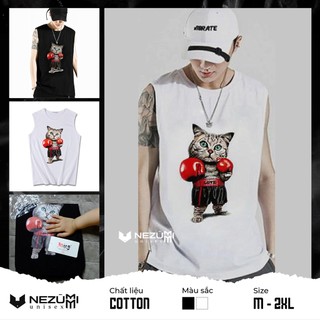 (Sẵn đen, trắng) Áo tanktop 95% cotton unisex nam nữ mèo đấm bốc - Áo ba lỗ tập gym, chạy bộ