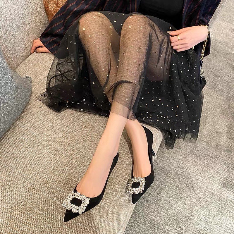 【EVEANOBQY】Giày Cao Gót EVEANOBQY Mũi Nhọn Phối Khóa Vuông Đính Đá Thời Trang Mùa Đông Mới Cho Nữ