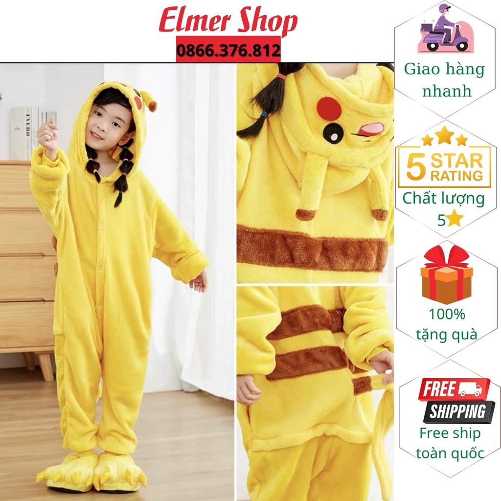 Bộ đồ ngủ liền thân Pikachu cho bé Elmer Shop BDNPKC, bộ đồ khủng long cosplay hoạt hình nhiều màu sắc dễ thương