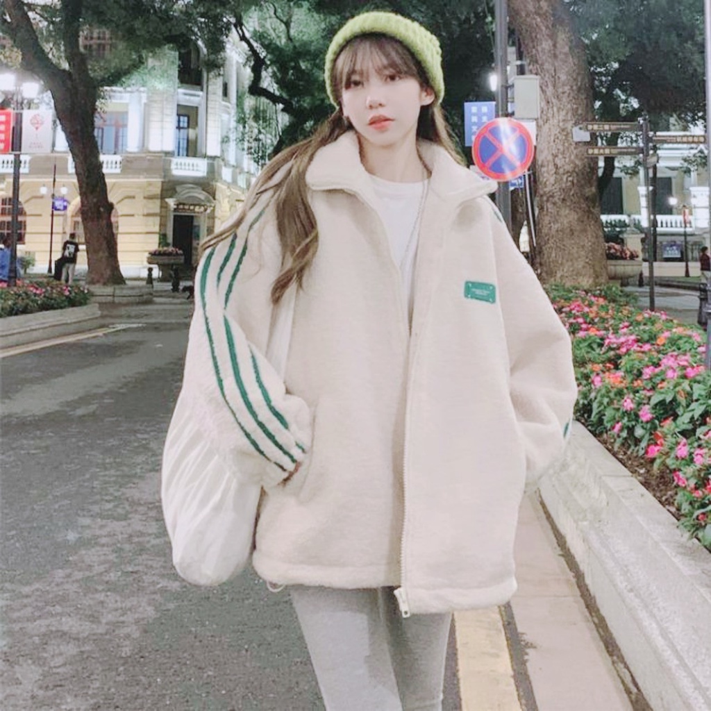 Áo Khoác Lông 3 Sọc Tay Xanh Lông Trắng, Áo Khoác Mùa Đông Cực Dày