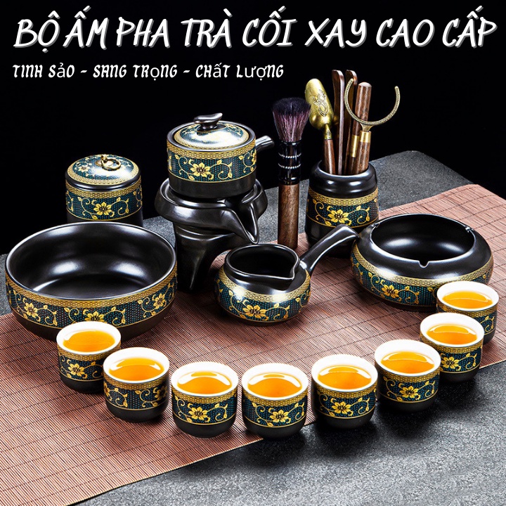 Bộ Ấm Chén Uống Trà Cối Xay Cao Cấp - Gốm Sứ , Sang Trọng , Hoa Văn Tinh Tế - Kèm Hộp Quà Biếu Tặng