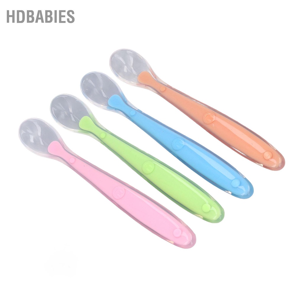 HDbabies 4 Thìa Silicone Cho Bé Mềm Mại Có Thể Làm Sạch Tay Cầm Công Thái Học Chống Dầu Huấn Luyện Ăn Trẻ Em