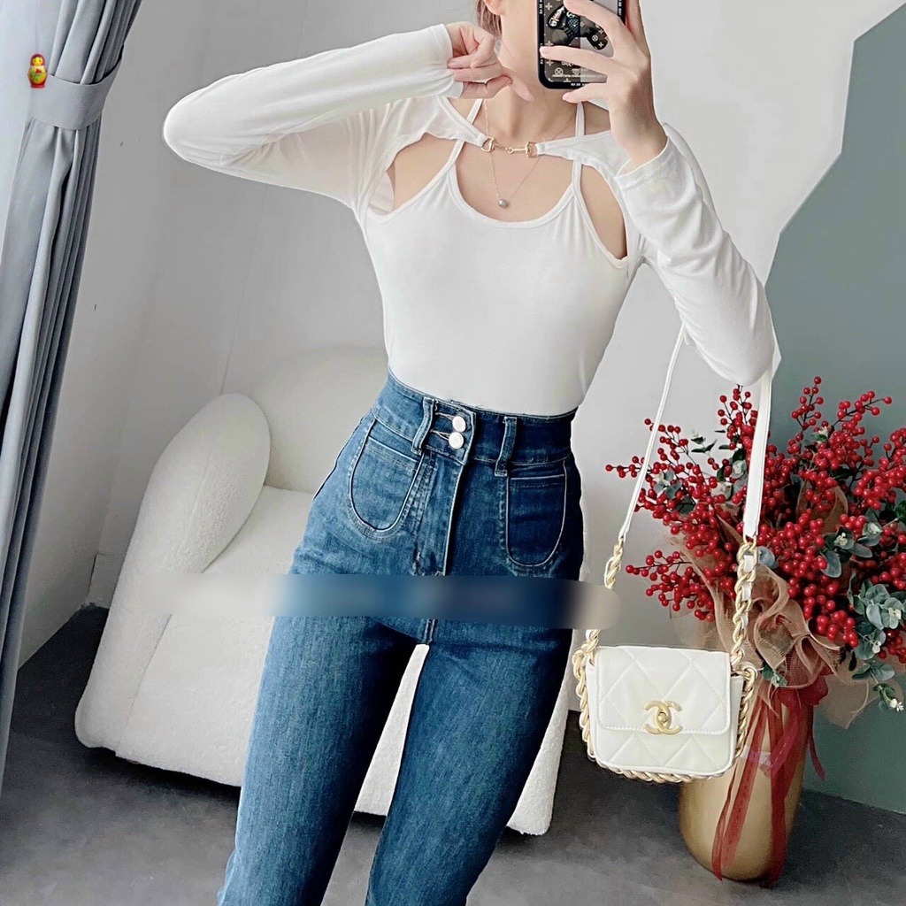 Áo kiểu tay dài phối kiểu cổ yếm 1 dây móc ngang ngực cực hot , chất thun gân dày dặn