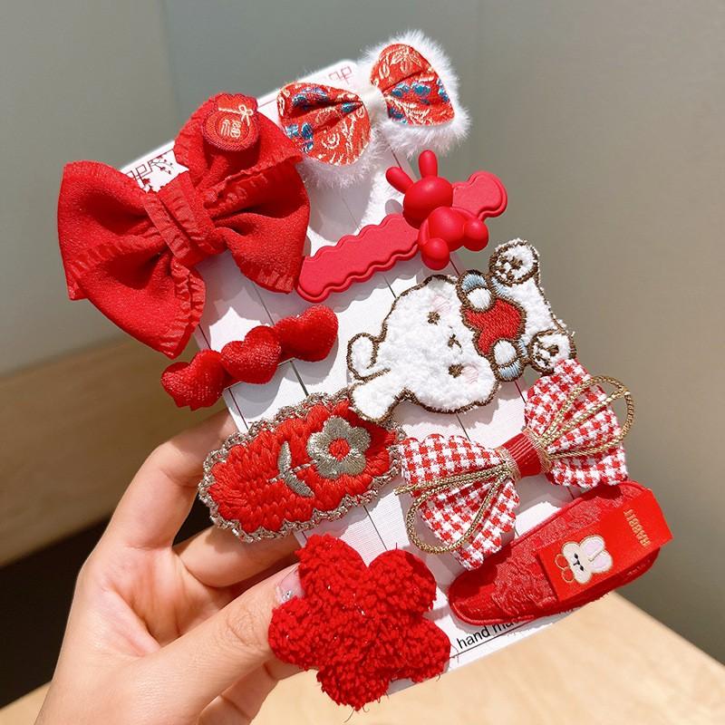 PVN56680 Set 9 Kẹp Tóc Hình Nơ Thêu Họa Tiết Phong Cách Trung Hoa Mừng Năm Mới Cho Bé Gái