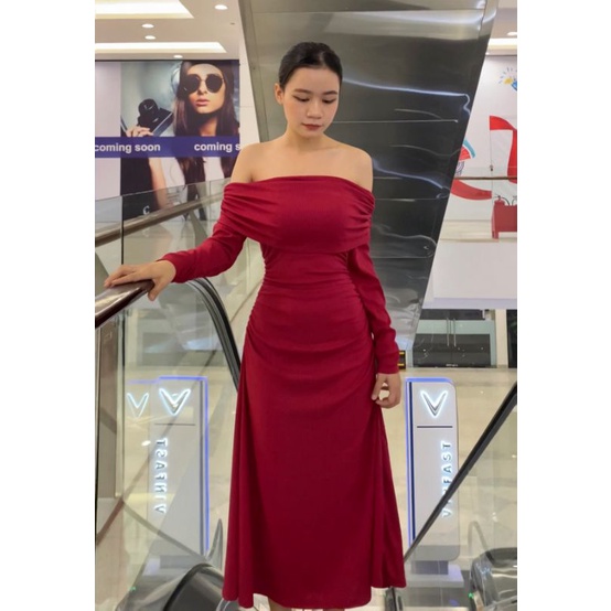 Đầm body trễ vai tay dài nhún eo siêu xinh, mẫu mới