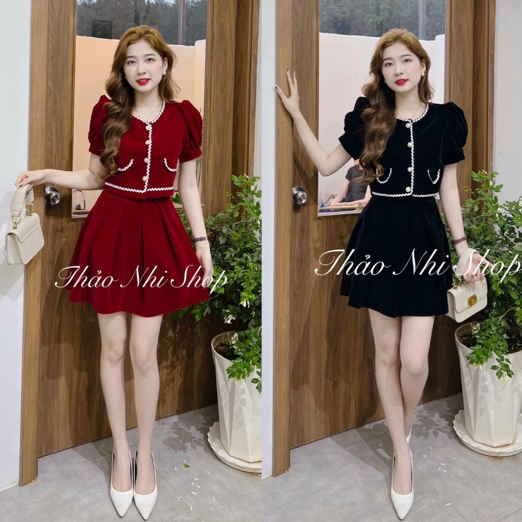 Sét Bộ Đồ Nữ Chất Liệu Nhung Cứng Áo Phối Viền Đóng Cúc Kèm Chân Váy Xếp Ly Thiết Kế Sang Chảnh Đi Làm Công Sở, Dạ Hội
