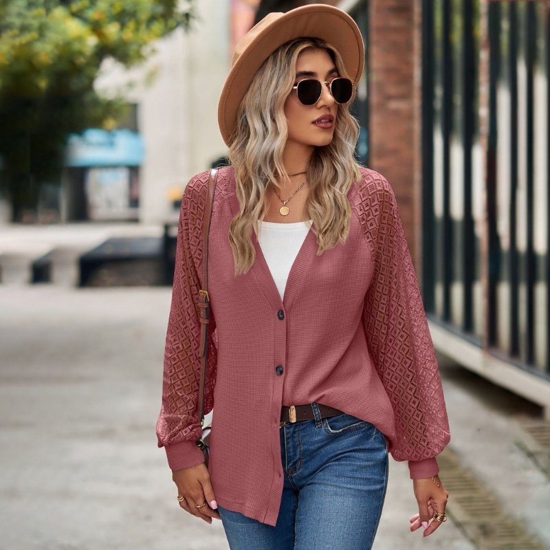 Áo Khoác Cardigan Dệt Kim Tay Dài Cổ Chữ V Phối Ren Cài Nút Thời Trang Cho Nữ