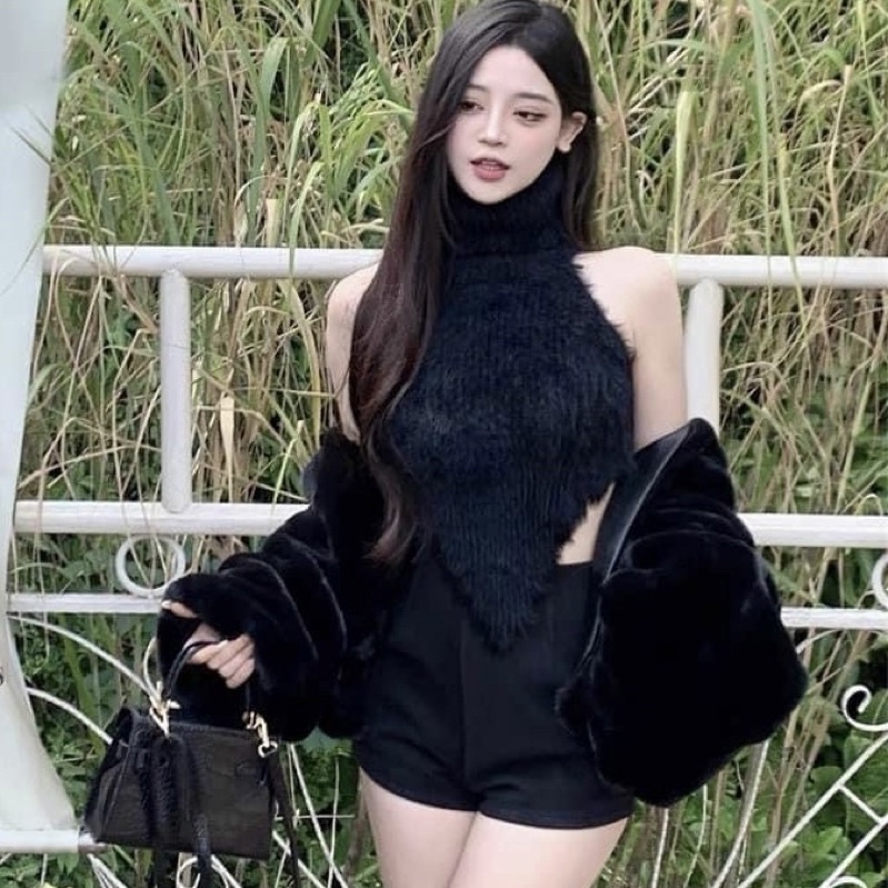 Áo kiểu croptop cổ lọ, áo yếm nữ hở lưng sexy