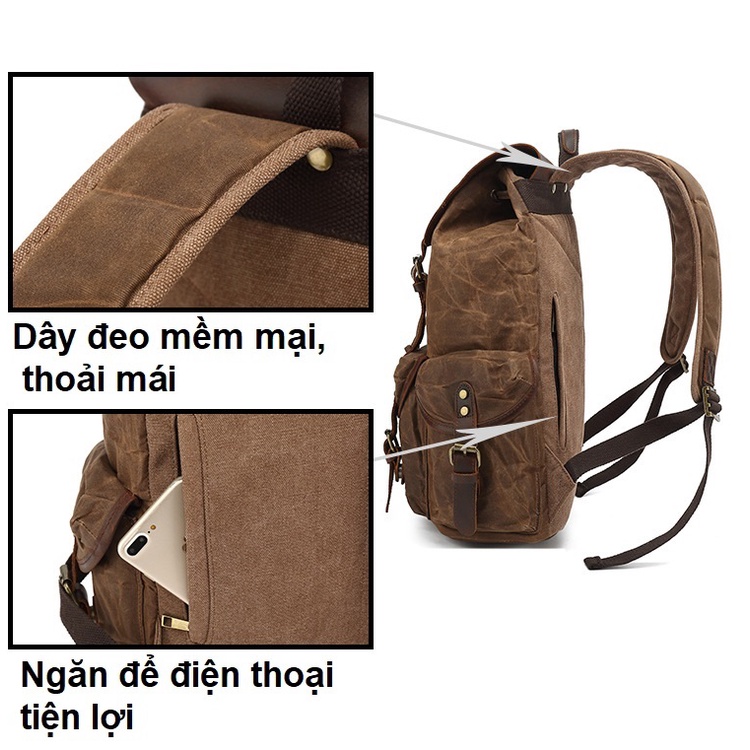 Balo canvas sáp, da thật, khoá đồng cao cấp