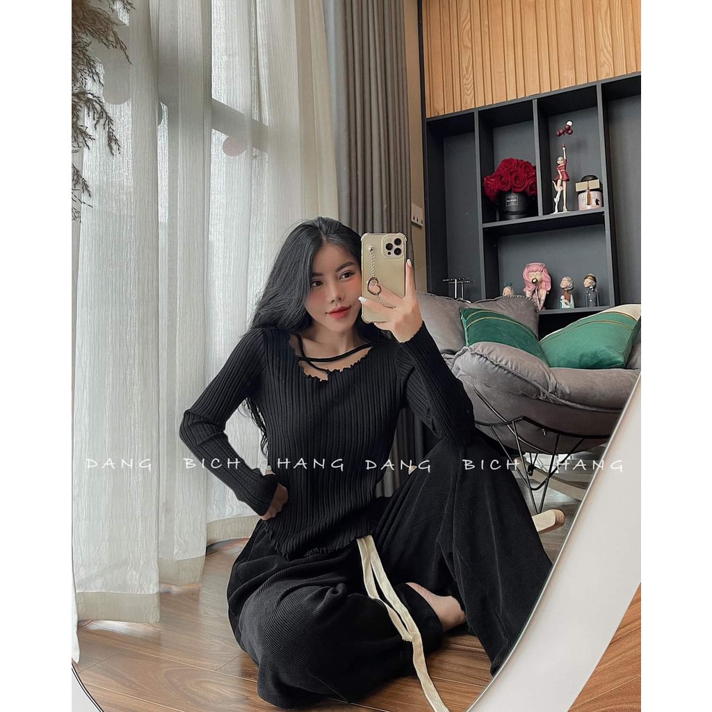 Set Bộ Đồ Nữ 2 Món Set Gồm 1 Áo Len Tăm Dài Tay Mix Quần Ống Suông Freesize