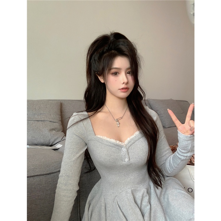 Aphrod Đầm Cổ Vuông Phối Ren Ôm Eo Cao Cấp Thời Trang Mùa Thu Phong Cách Quyến Rũ Dành Cho Nữ