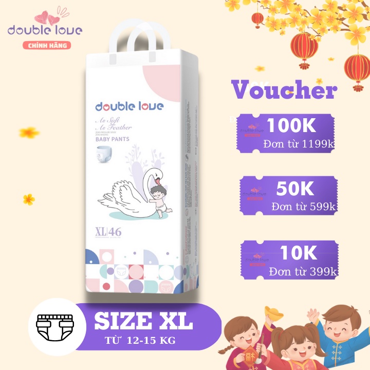Tã quần Double Love Size XL46 (12-15kg) quần: 46 miếng Bỉm quần siêu mềm mỏng khô thoáng