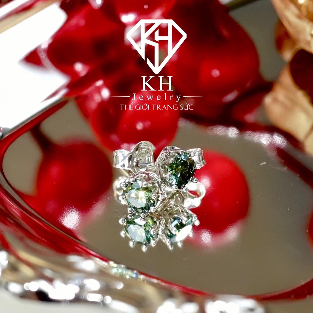 Khuyên Tai Vương Miện Đá Moissanite Cao Cấp - XANH KHJEM05 Xi Kim - Chốt Đẩy