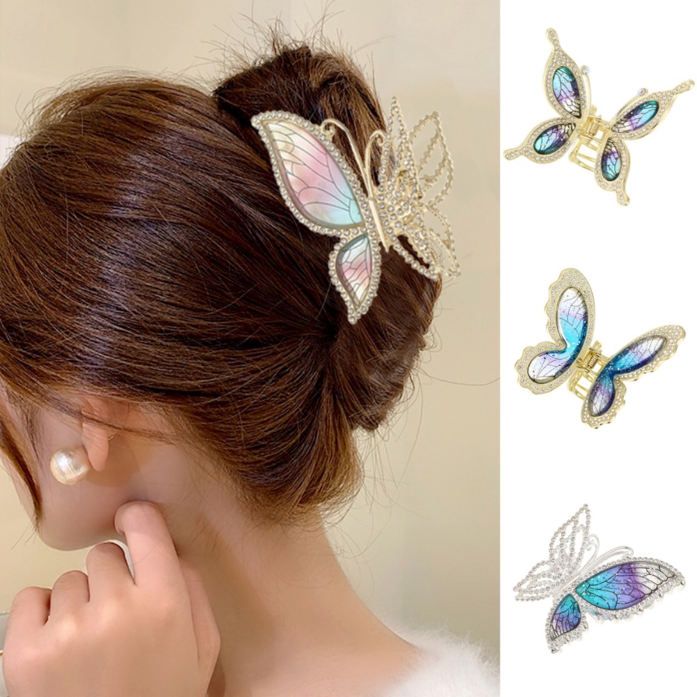 Kẹp Tóc Hình Bướm Đính Kim Cương Giả Màu Hổ Phách Phong Cách Hàn Quốc Thanh Lịch Dành Cho Nữ