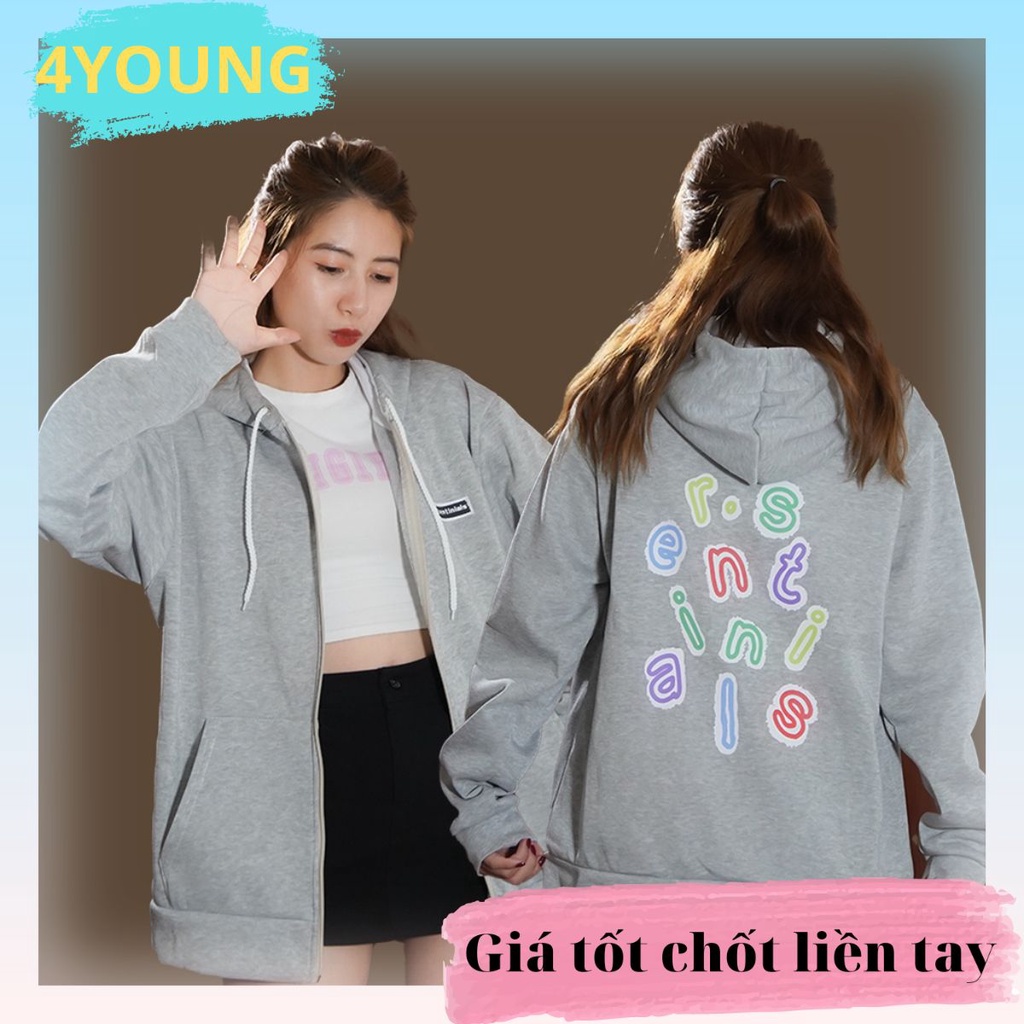 Áo khoác hoodie nam nữ có dây kéo form rộng họa tiết Thêu 4YOUNG DK1612