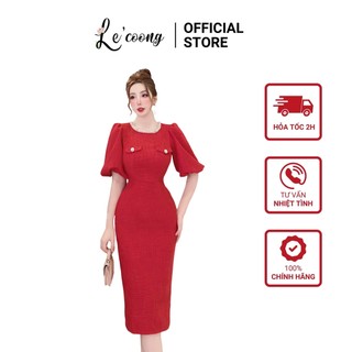 Đầm body tay bồng lecoong v256 cổ đính đá dạ tweed dự tiệc thu đông sang chảnh