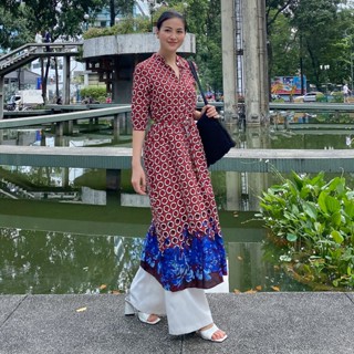 Đầm sơ mi cổ trụ MAYBI hoạ tiết hoa form dài thanh lịch