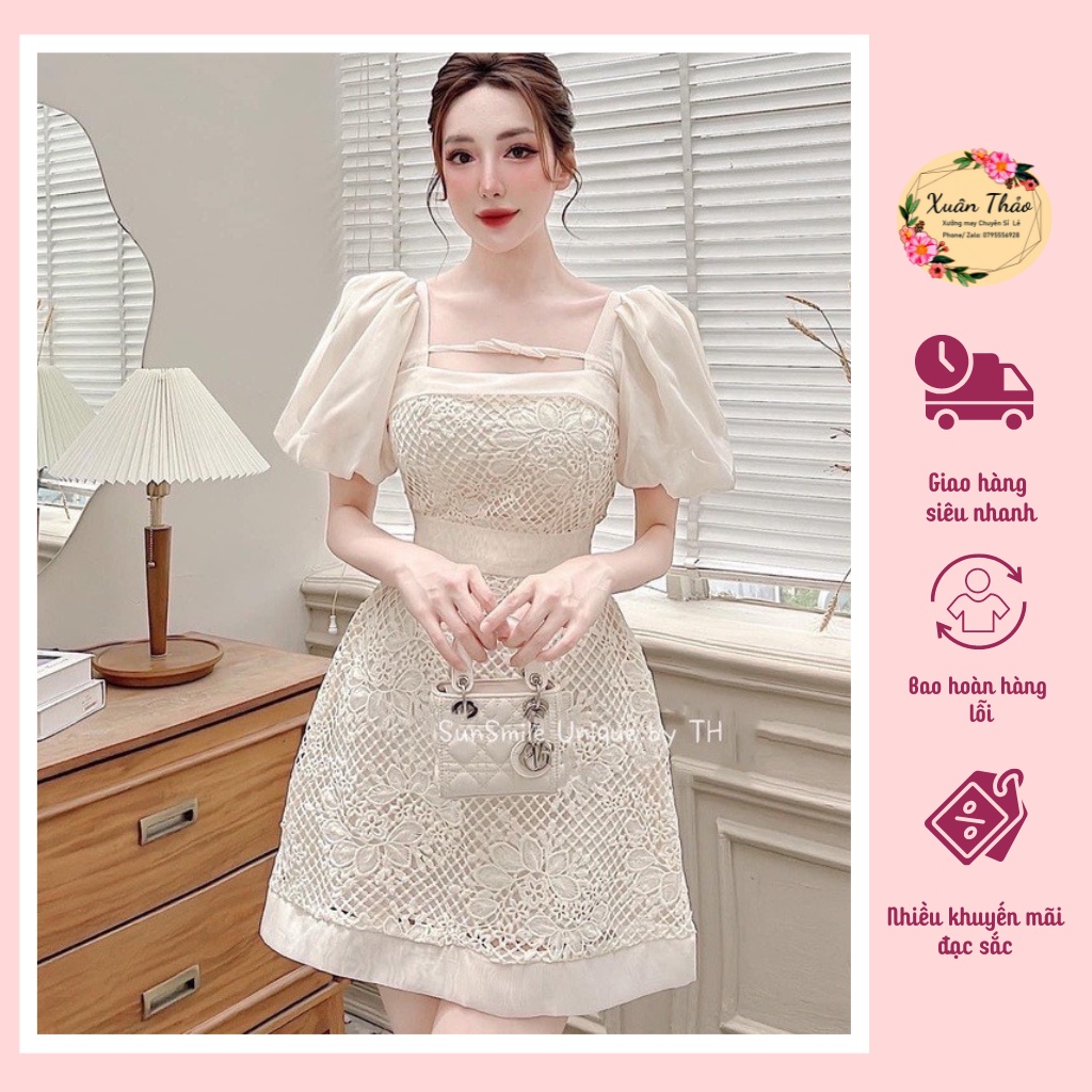 Váy Nữ Ren Hoa Cổ Vuông Tay Bồng Thiết Kế Dự Tiệc,Đầm Nữ Dáng Xòe Tay Bồng Tơ Óng Quảng Châu Mã Số A196