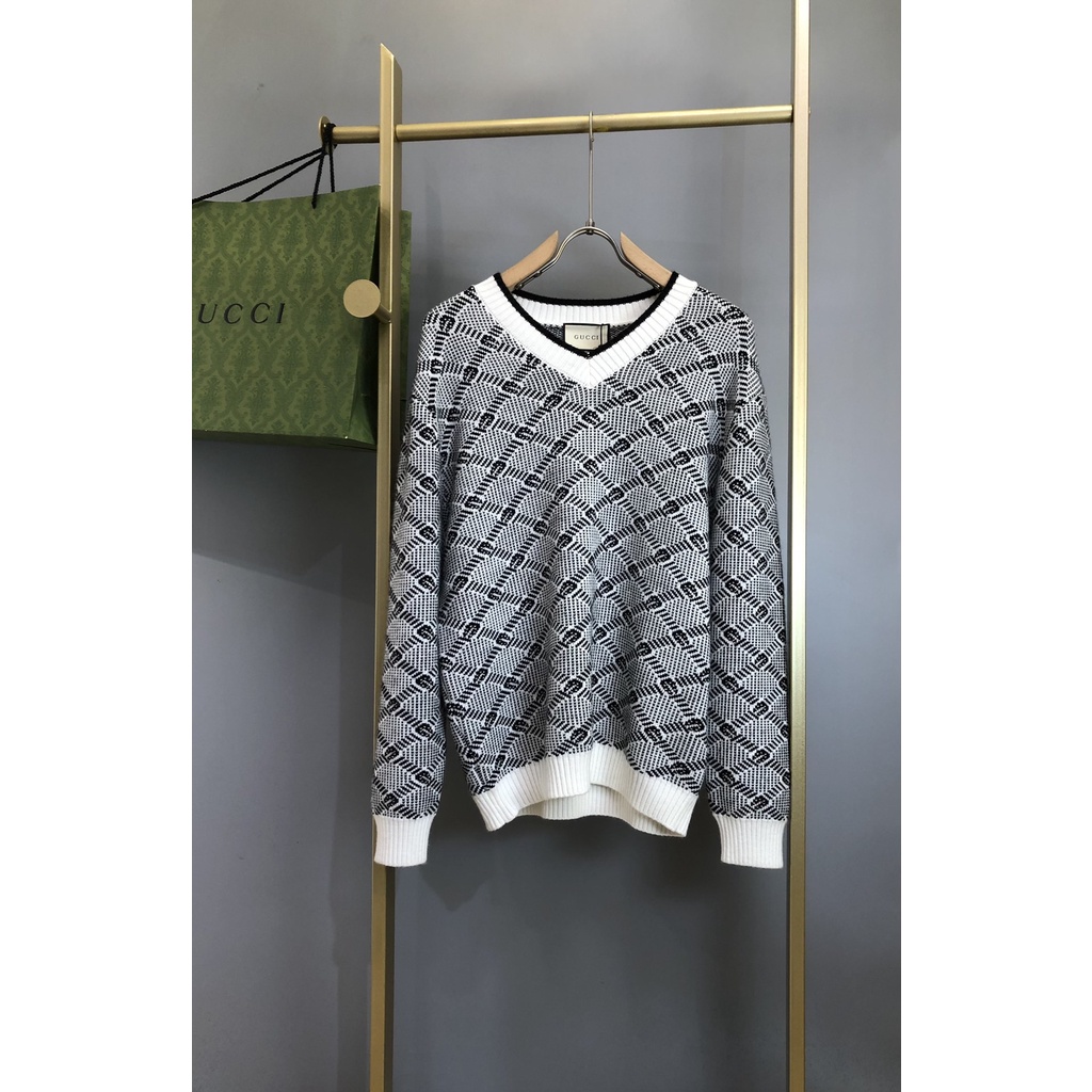 Áo len dài tay cổ chữ V thời trang cao cấp Gucci GG GC phong cách retro, cổ điển