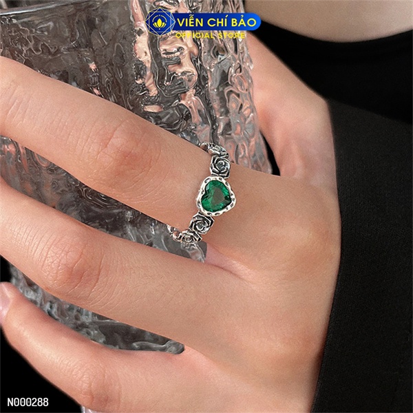 Nhẫn bạc nữ hoa hồng trái tim xanh chất liệu bạc 925 thời trang phụ kiện trang sức Viễn Chí Bảo N000288
