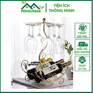 Giá treo ly rượu vang họa tiết cổ điển gồm 6 móc treo ly và giá đỡ chai rượu