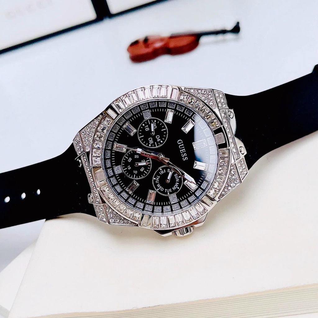 Đồng Hồ Nam Guess GW0208G1 Đính Đá - Vỏ Bạc - Dây Silicon - Size 47mm