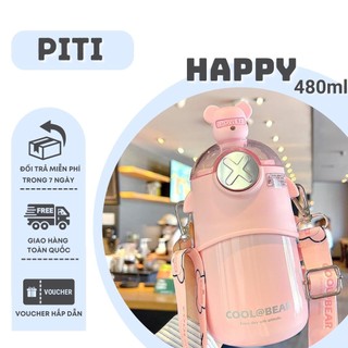 Bình giữ nhiệt PITI 500ml bình nước giữ nhiệt kèm ống hút hình gấu hoạt hình cute