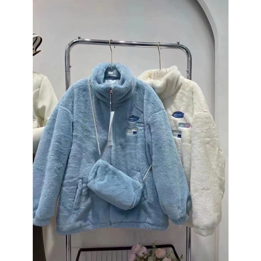 Áo khoác lông cừu, Set áo lông nữ kèm túi in logo mác xanh, Lông cừu mùa đông nữ dày dặn mẫu mới nhất 2022