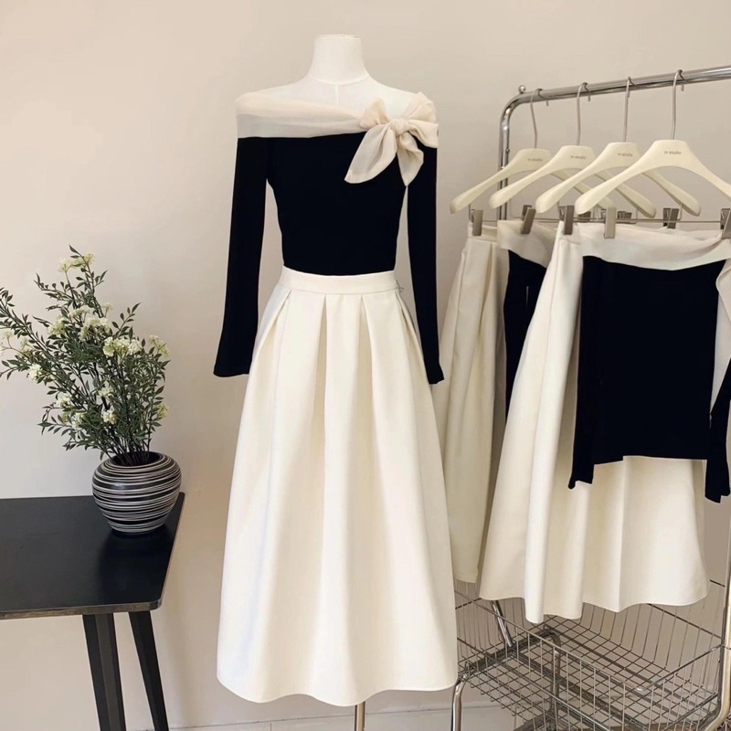 Set Váy Nữ Trễ Vai Thắt Nơ Mix Chân Váy - Halinh Shop - Set Áo Trễ Vai Nơ Voan Kèm Chân Váy Xếp Ly Dài Hàn Quốc Size SM